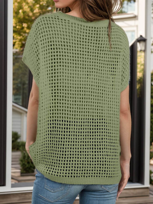 Openwork Round Neck Short Sleeve Cover-Up - Hovatok