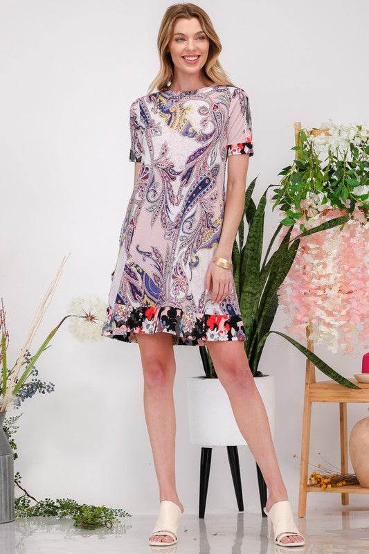 Celeste Full Size Paisley Print Short Sleeve Mini Dress with Pockets Plus Size - Hovatok