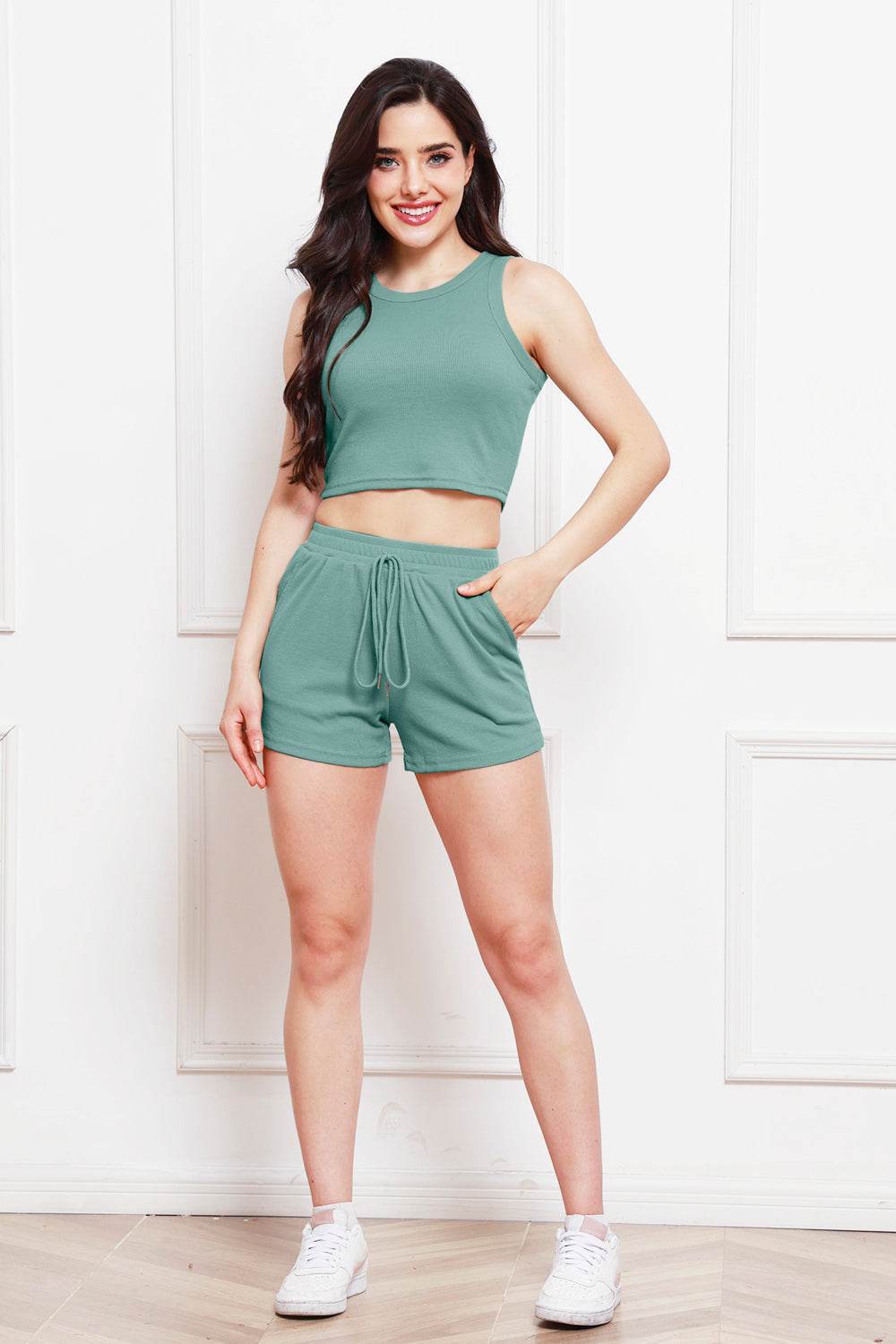 Round Neck Tank and Drawstring Shorts Set - Hovatok
