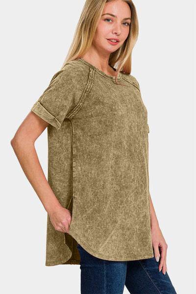 Zenana Heathered Round Neck Short Sleeve Top - Hovatok