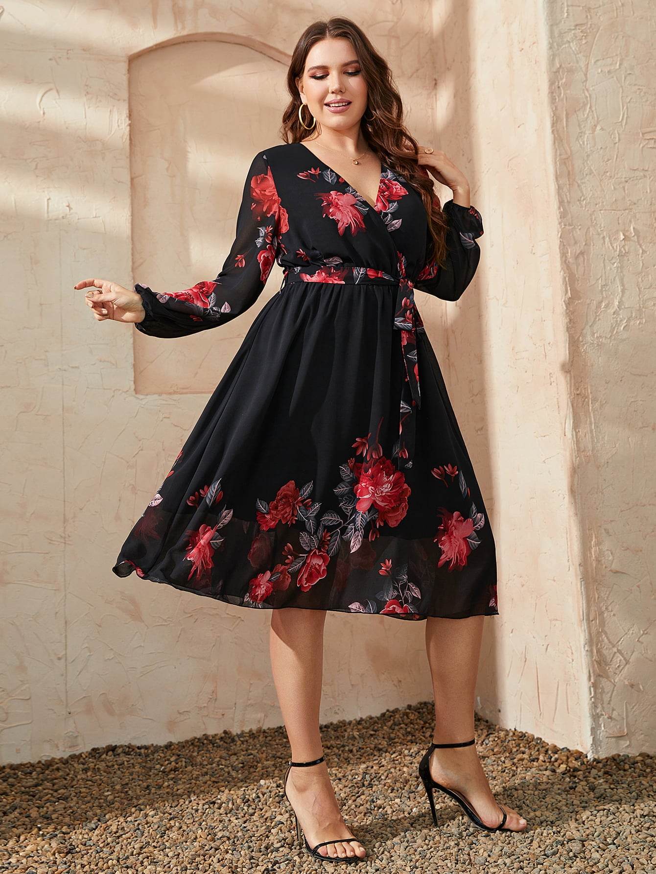 Honey Plus Size Floral Surplice Neck Tie Waist Dress - Hovatok
