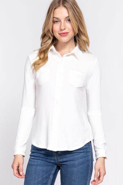 ACTIVE BASIC Long Sleeve Front Pocket DTY Brushed Shirt - Hovatok