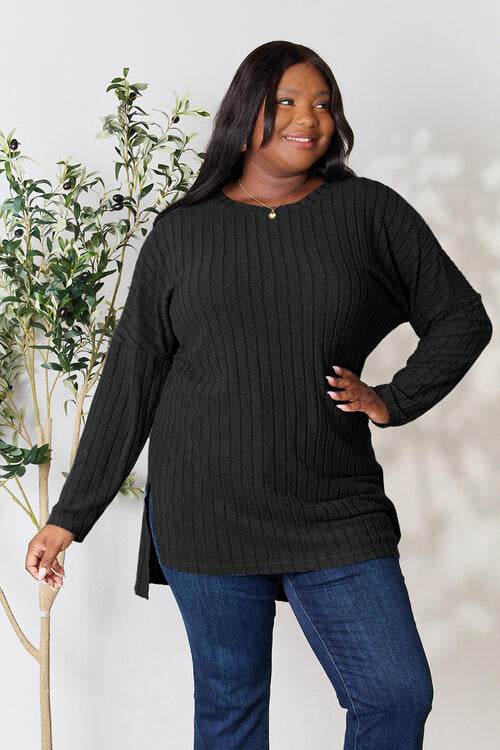 Basic Bae Full Size Ribbed Round Neck Long Sleeve Slit Top - Hovatok