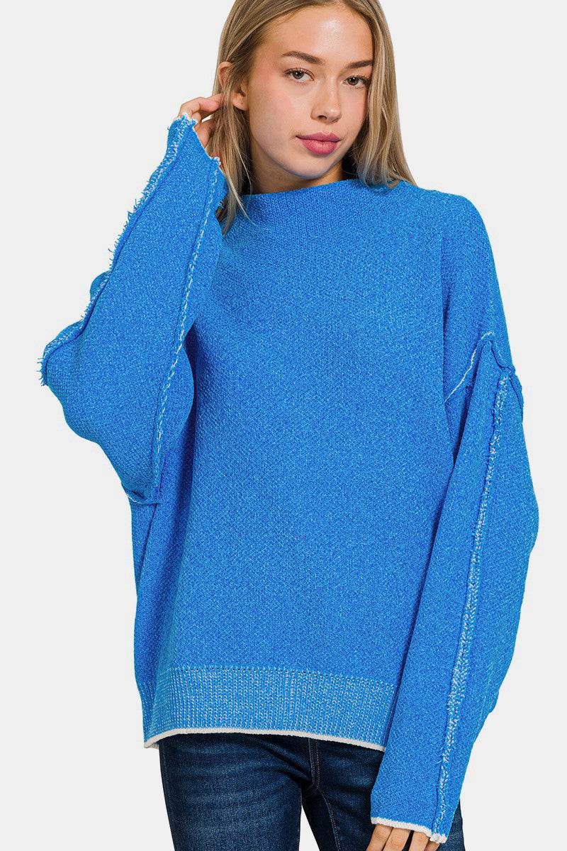Zenana Exposed Seam Mock Neck Long Sleeve Sweater - Hovatok
