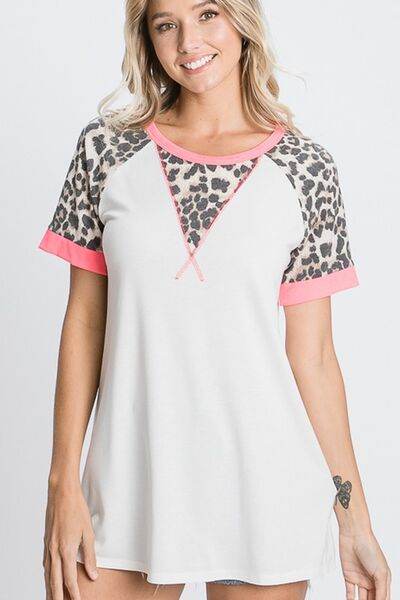 HeimishFull Size Leopard Round Neck Short Sleeve T-Shirt with Stitch Plus Size - Hovatok