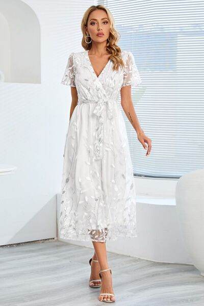 Sequin Leaf Embroidery Tie Front Short Sleeve Dress - Hovatok