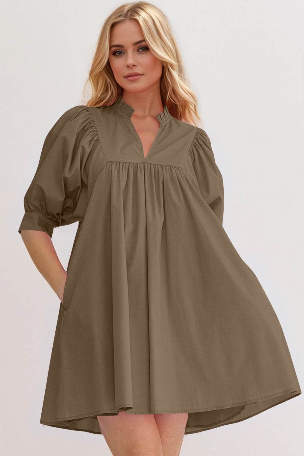 Oh Frill Notched Puff Sleeve Babydoll Mini Dress - Hovatok
