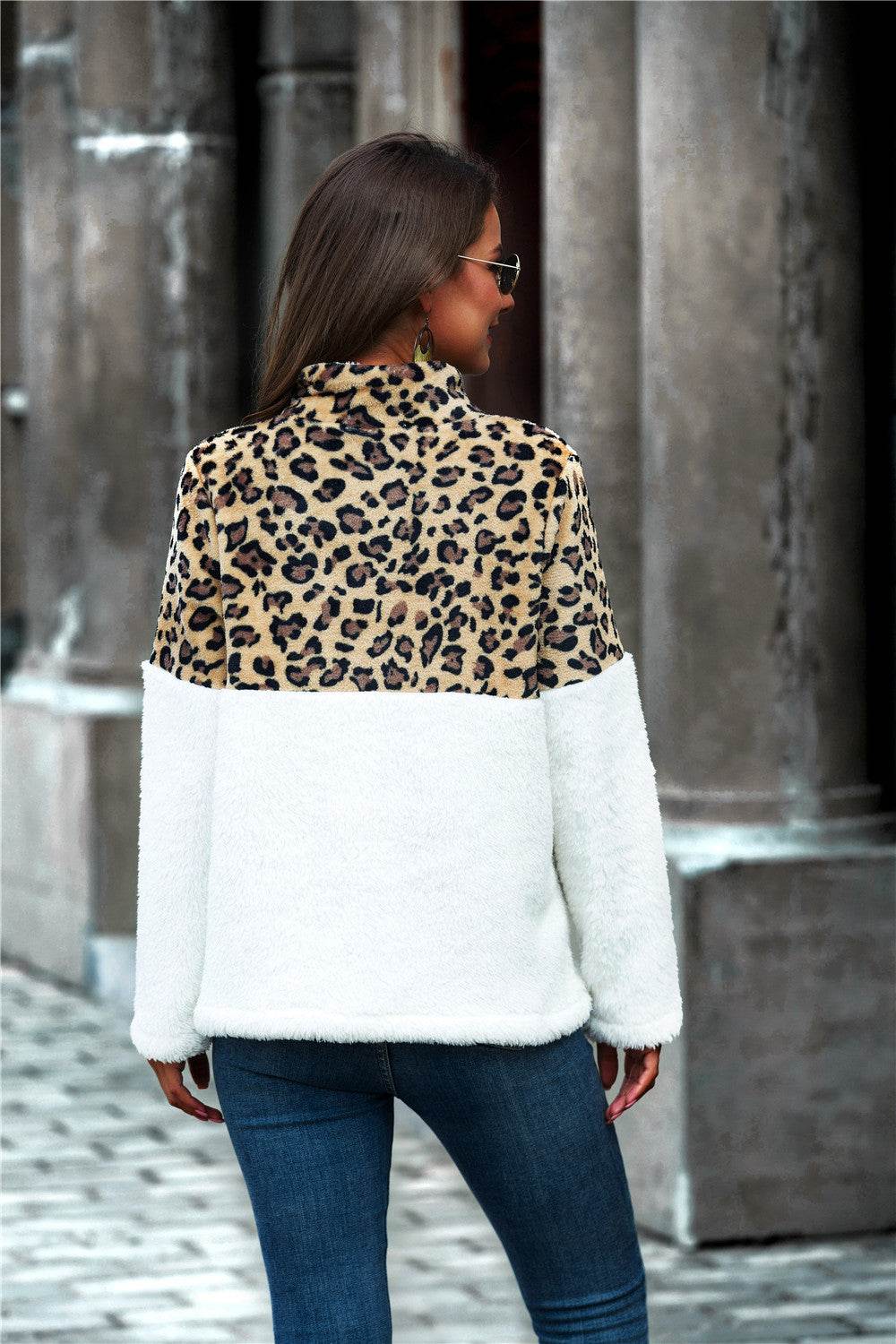 Leopard Color Block Half-Zip Collar Teddy Sweatshirt - Hovatok