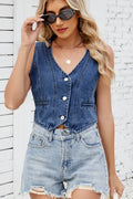 Button Down V-Neck Denim Vest - Hovatok