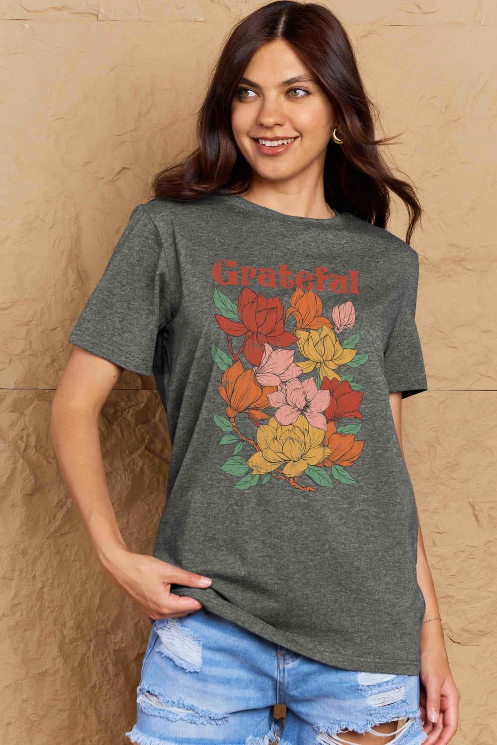 Simply Love Full Size GRATEFUL Flower Graphic Cotton T-Shirt - Hovatok