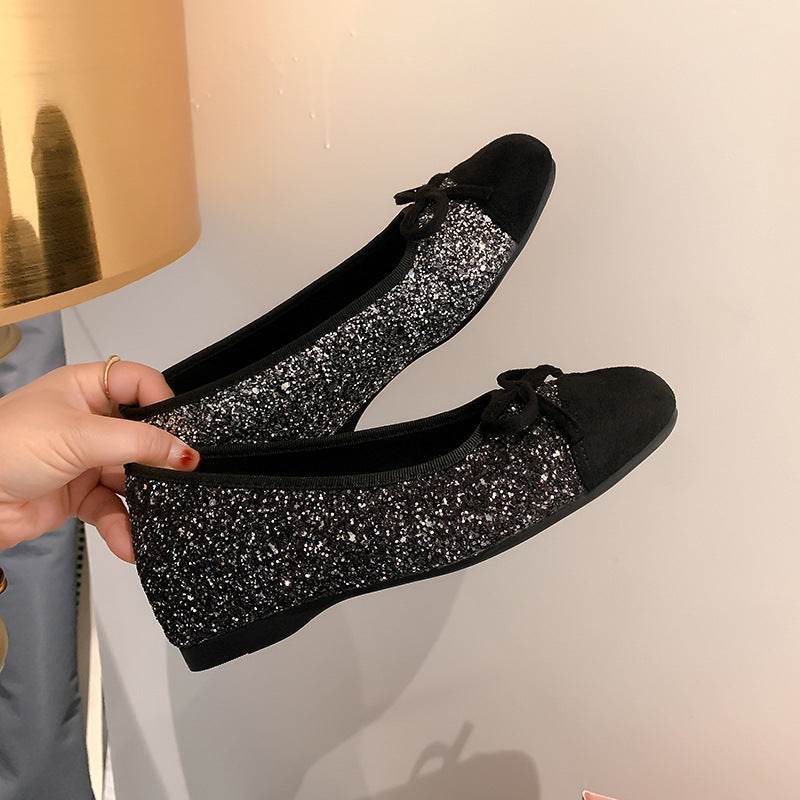 Bow Contrast Sequin Round Toe Slip-Ons - Hovatok