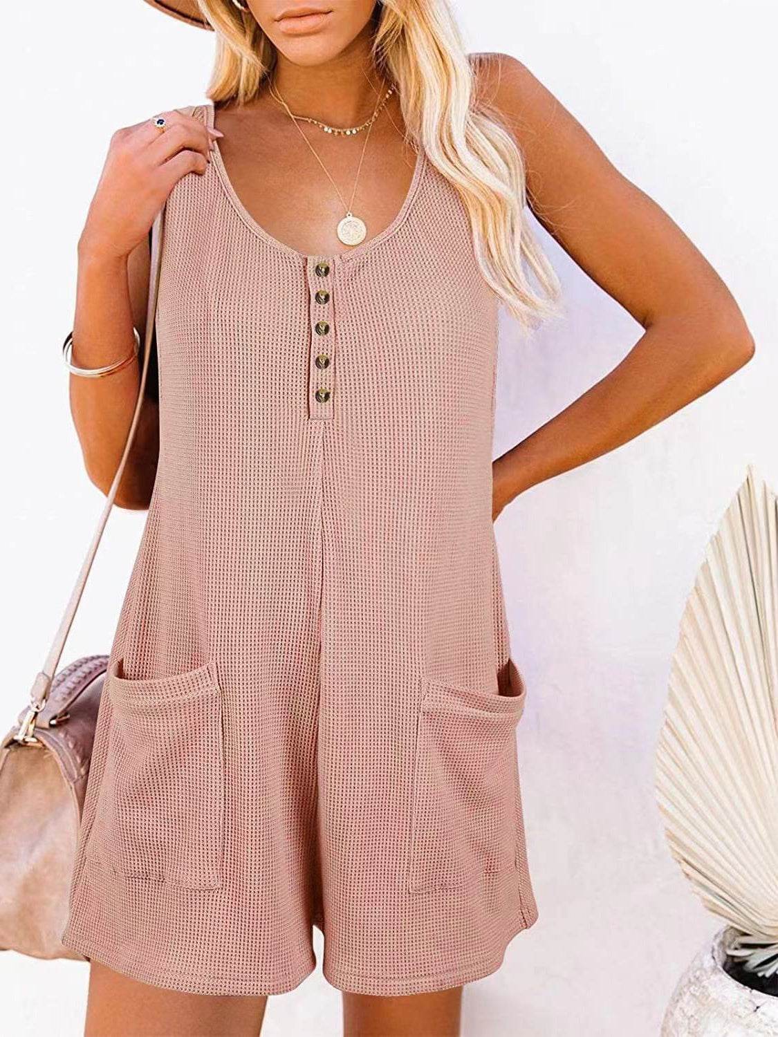 Full Size Pocketed Scoop Neck Sleeveless Romper - Hovatok