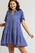 Umgee Full Size Gingham Tiered Button Detail Short Sleeve Dress Plus Size - Hovatok