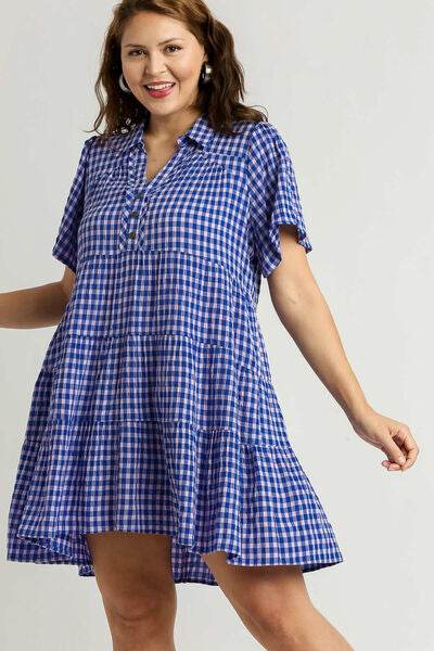 Umgee Full Size Gingham Tiered Button Detail Short Sleeve Dress Plus Size - Hovatok