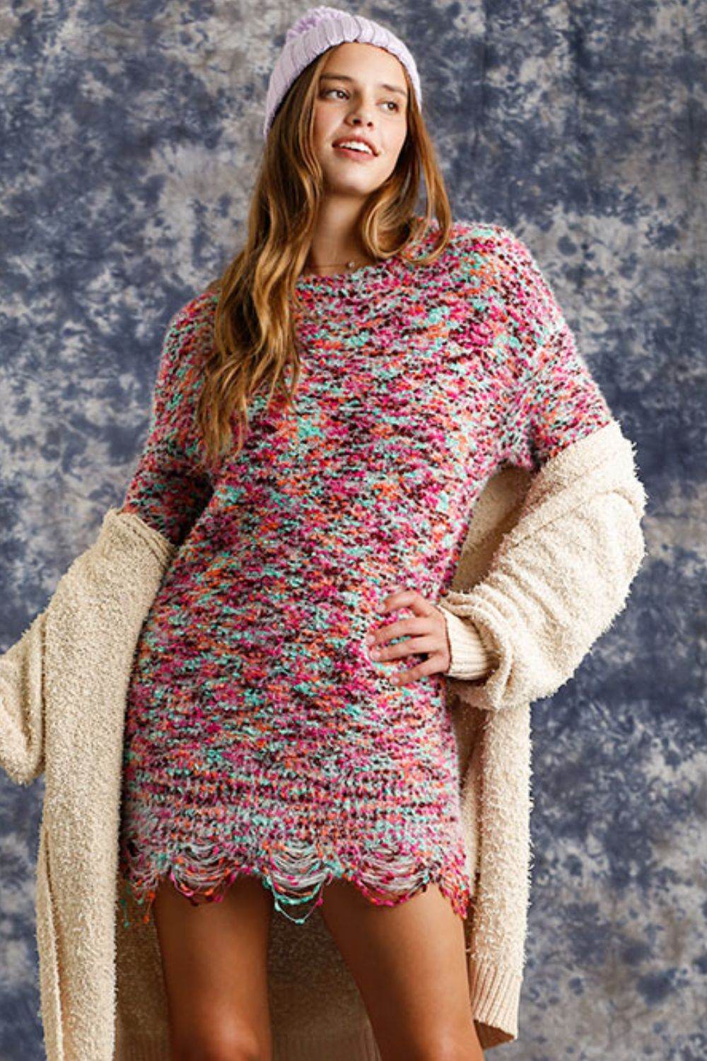 Umgee Full Size Distressed Hem Multicolored Round Neck Knit Tunic Dress Plus Size - Hovatok