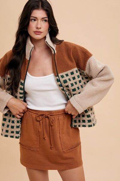 Annie Wear Plaid Zip Up Drop Shoulder Sherpa Jacket - Hovatok