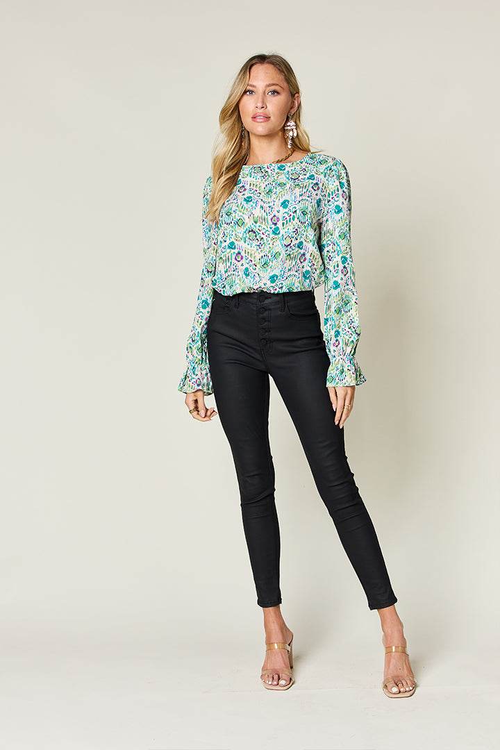 Double Take Full Size Printed Flounce Sleeve Blouse - Hovatok