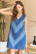 ADORA Chevron Color Block V-Neck Denim Dress - Hovatok