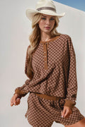 Double Take Checkered Half Button Top and Shorts Set - Hovatok