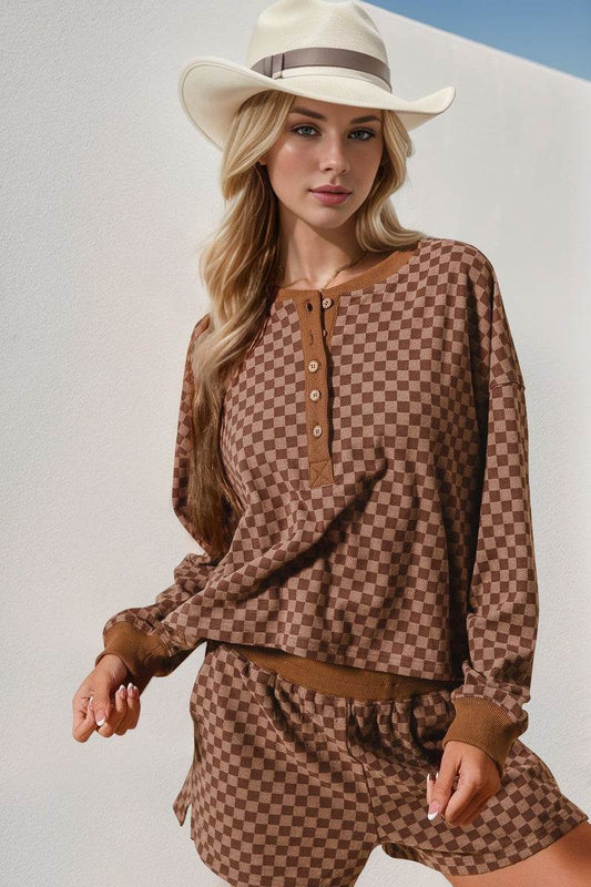 Double Take Checkered Half Button Top and Shorts Set - Hovatok