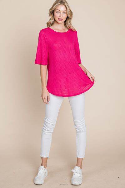 BOMBOM Round Neck Waffle Knit T-Shirt - Hovatok