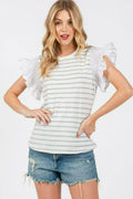 Ces Femme Contrast Striped Ruffled Cap Sleeve Blouse - Hovatok