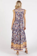 Mittoshop Floral Ruffled Notched Cap Sleeve Maxi Dress - Hovatok