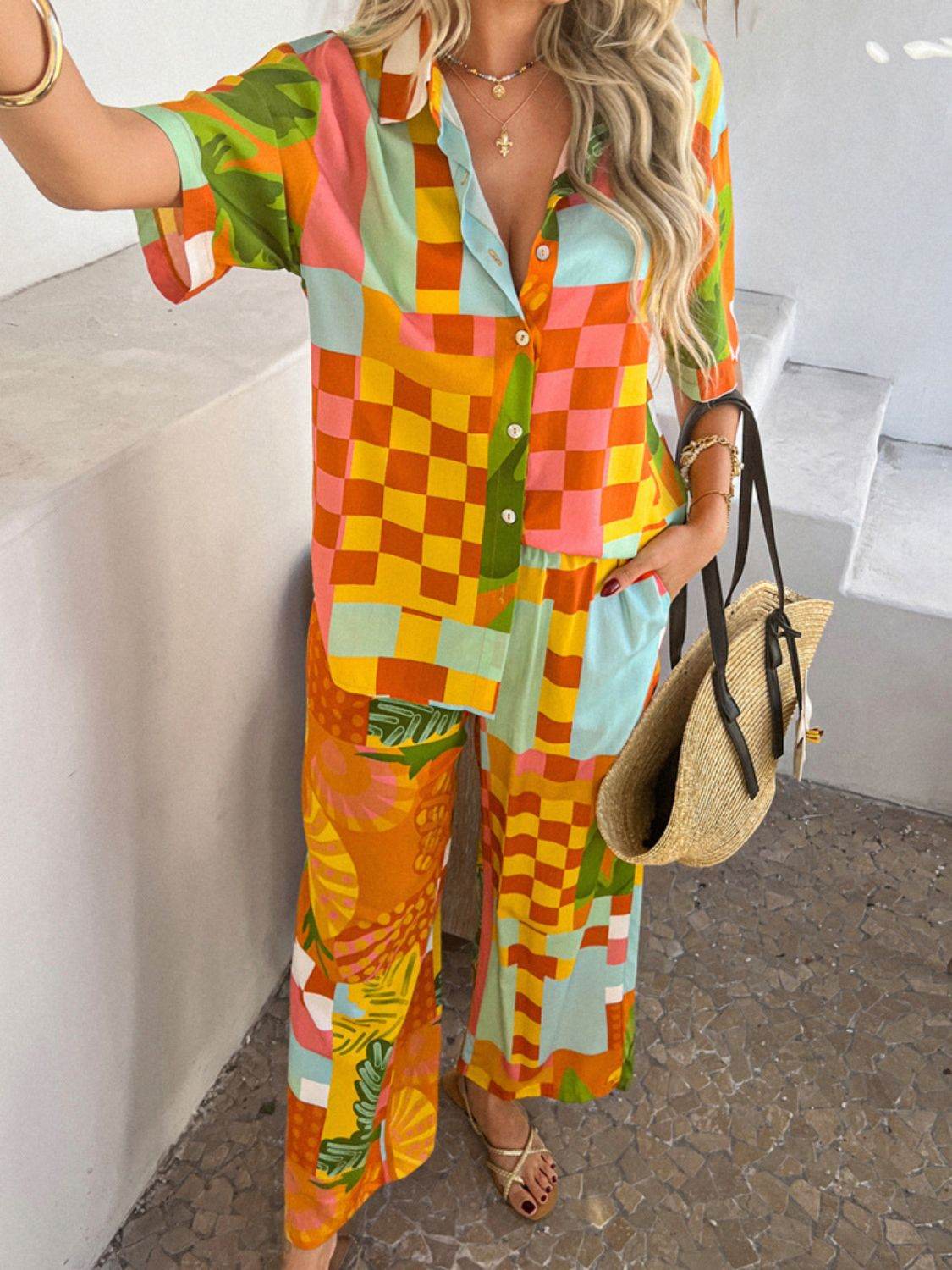 Devine Printed Button Down Shirt and Pants Set - Hovatok