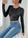 Perfee Flower Round Neck Long Sleeve Bodysuit - Hovatok