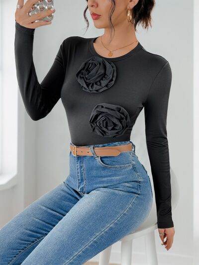 Perfee Flower Round Neck Long Sleeve Bodysuit - Hovatok