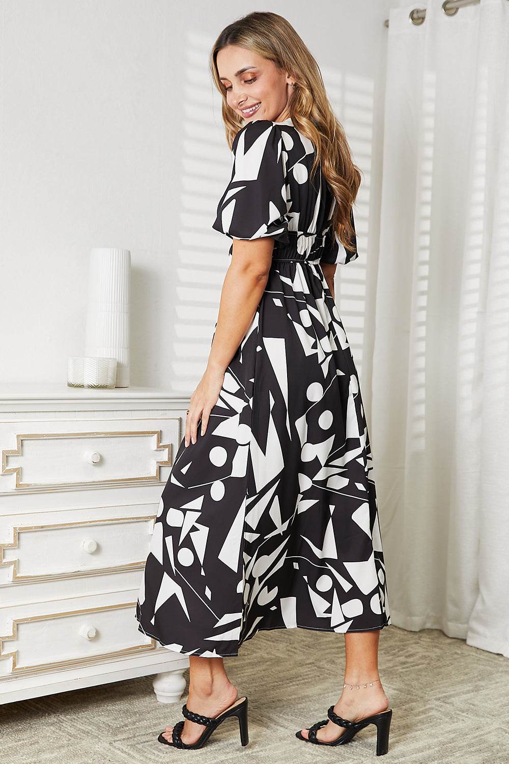 Printed Surplice Balloon Sleeve Dress - Hovatok