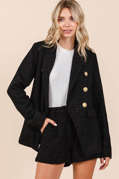 Mittoshop Plaid Texture Double-Breasted Long Sleeve Blazer - Hovatok