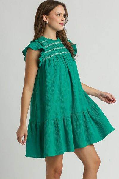 Umgee Full Size Smocked Contrast Stitching Ruffle Cap Sleeve Round Neck Dress Plus Size - Hovatok