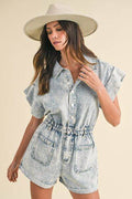 Annie Wear Elastic Waistband Short Sleeve Denim Romper - Hovatok