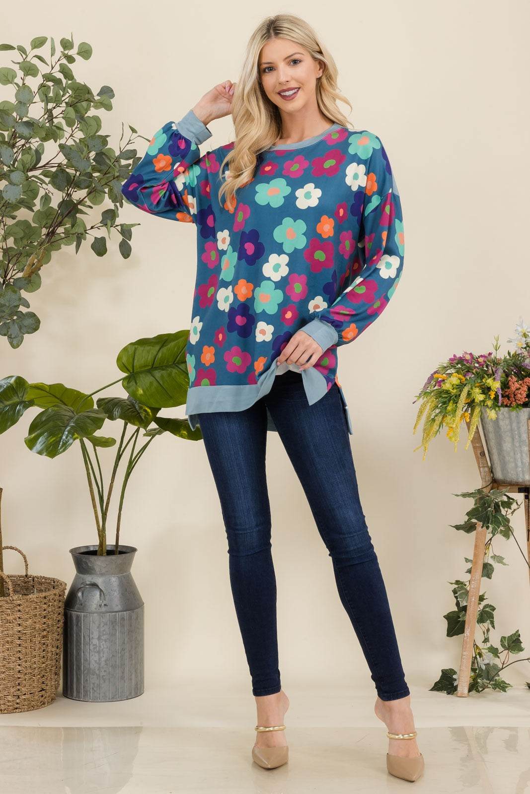 Celeste Full Size Side Slit Flower Print Long Sleeve Top - Hovatok