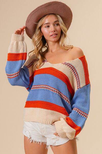 BiBi Multi Color Stripe Scoop Neck Sweater - Hovatok