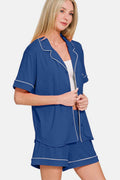 Zenana Button Down Short Sleeve Top and Shorts Lounge Set - Hovatok