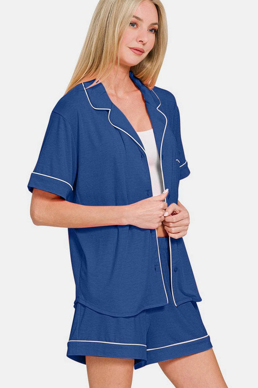 Zenana Button Down Short Sleeve Top and Shorts Lounge Set - Hovatok