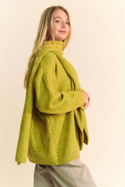 Davi & Dani V-Neck Dropped Shoulder Sweater with Scarf - Hovatok