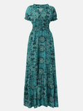 Full Size Smocked Printed V-Neck Short Sleeve Dress - Hovatok