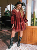Plus Size Lace Detail V-Neck Long Sleeve Mini Dress - Hovatok