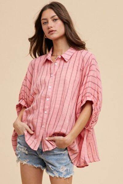 Annie Wear Striped Button Up Half Sleeve Shirt - Hovatok