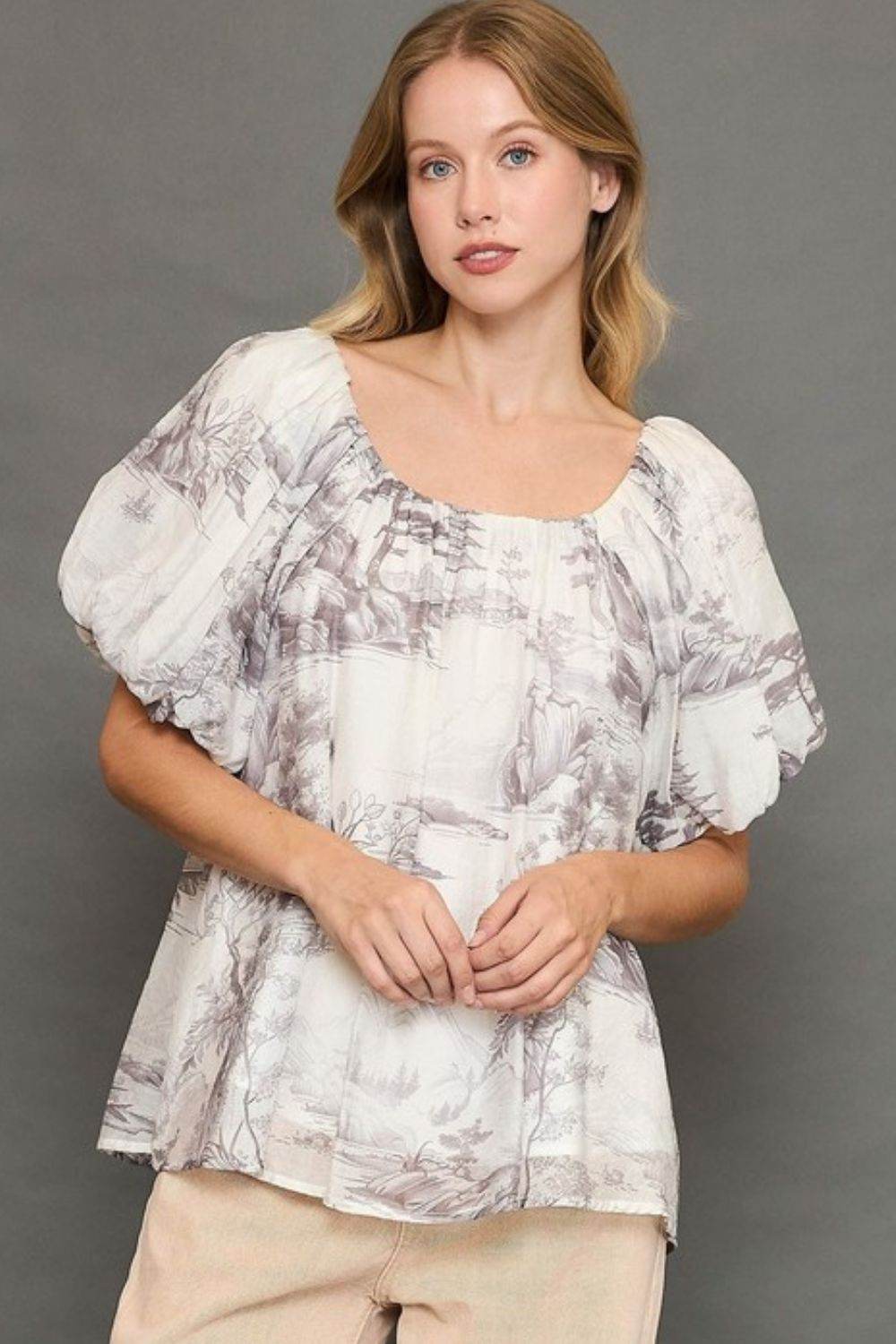 Umgee Full Size Two Tone Toile Print Top Plus Size - Hovatok