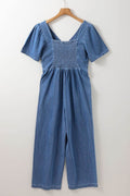 V Neck Short Sleeve Smocked Back Denim Jumpsuit - Hovatok