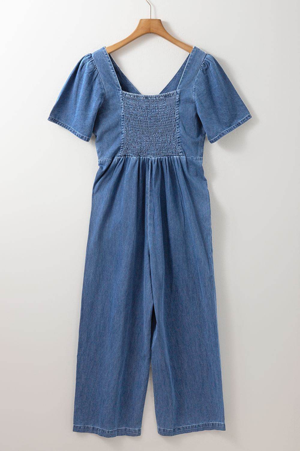 V Neck Short Sleeve Smocked Back Denim Jumpsuit - Hovatok