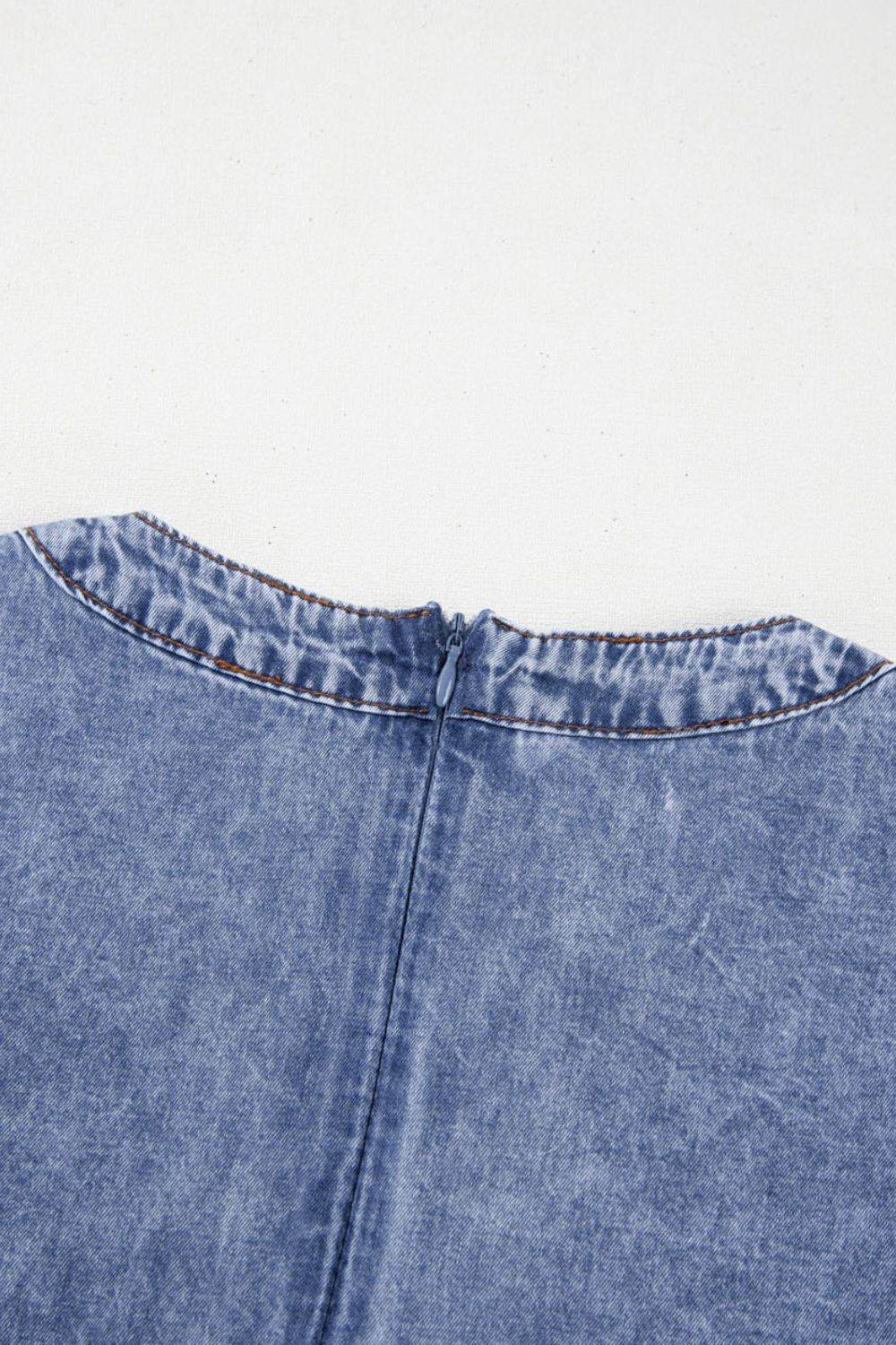 Tie V Neck Tucking Detail Short Sleeve Denim Dress - Hovatok