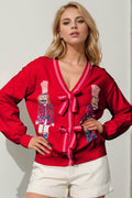 Double Take Full Size Nutcracker Sequin Bow Decor Cardigan - Hovatok