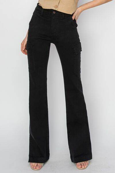 RISEN Full Size High Rise Side Slit Cargo Bootcut Jeans - Hovatok