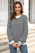 Angel Wings Striped Round Neck Dropped Shoulder Sweater - Hovatok