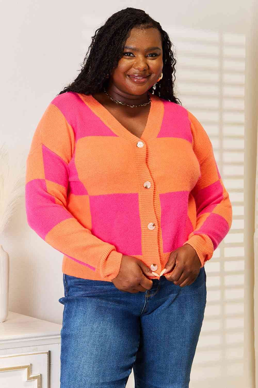 Angel Wings Woven Right Checkered V-Neck Dropped Shoulder Cardigan - Hovatok